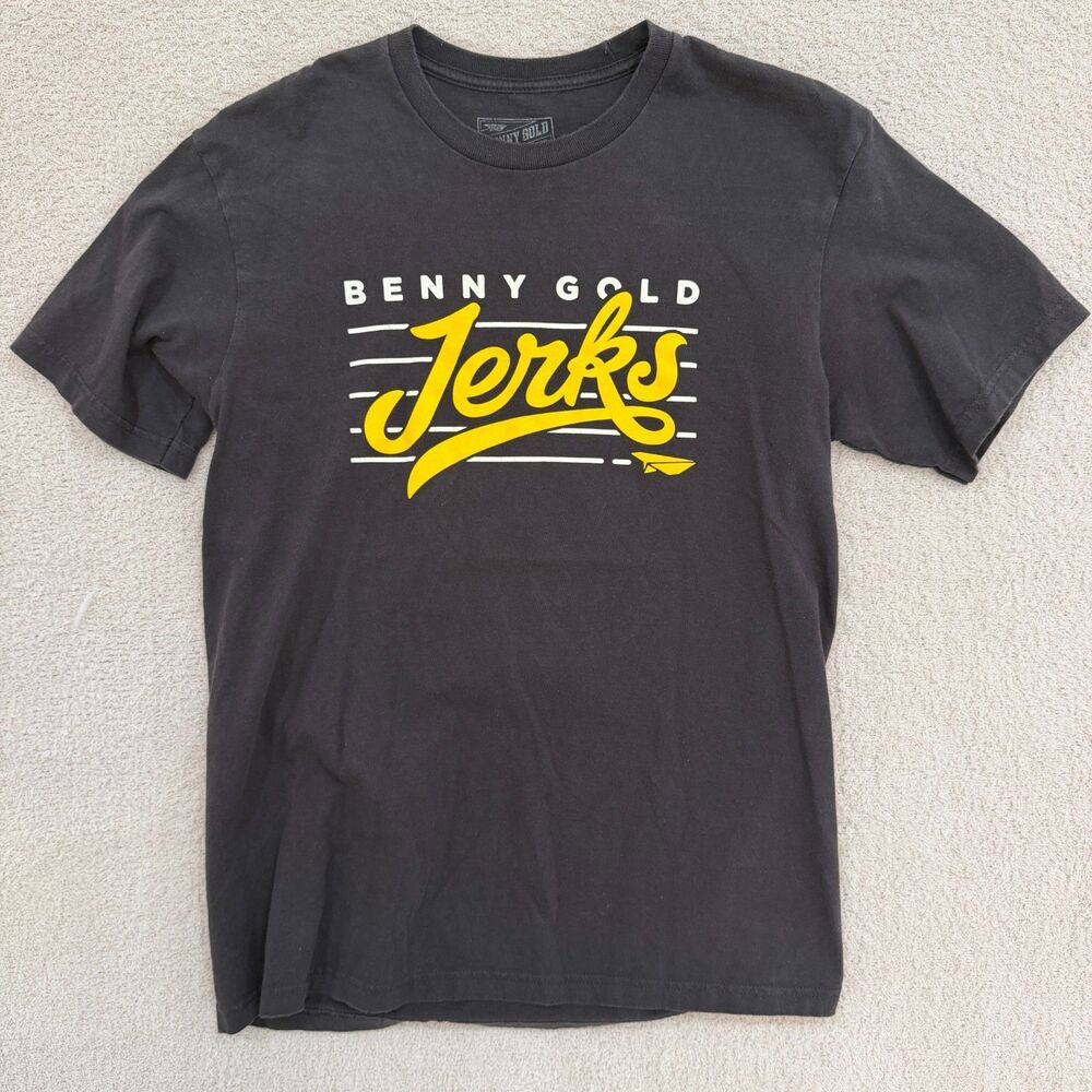 Benny Gold Jerks Tee Mens M Black Yellow Script San Francisco Made in USA Skate
